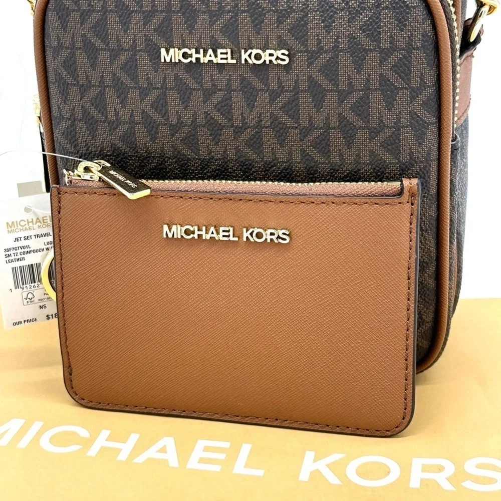 Michael Kors Medium NS Chain Xbody Bag & Small TZ Coinpouch w/ID Brown/Gold